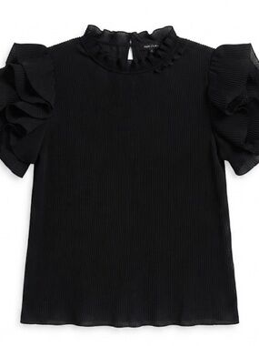 Buxom Curvy Black Ruffled Short-Sleeve Pleated Blouse.